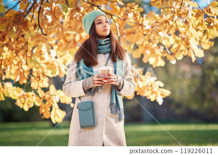 Portrait of a beautiful woman walking in the autumn park Portrait of a beautiful woman walking in the autumn park 119226011