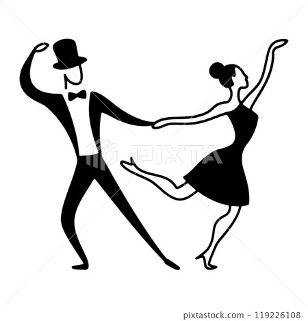 A simple line drawing of a man in a tuxedo and a woman in a dress dancing together, cut out on a transparent background 119226108