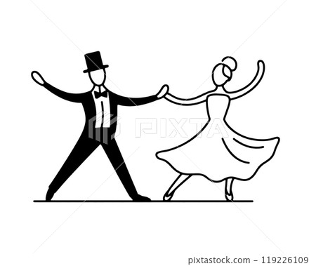 A simple line drawing of a man in a tuxedo and a woman in a dress dancing together, cut out on a transparent background 119226109