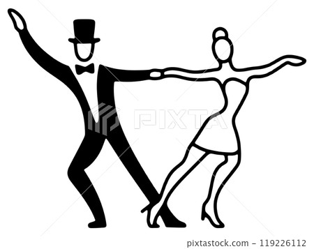 A simple line drawing of a man in a tuxedo and a woman in a dress dancing together, cut out on a transparent background 119226112