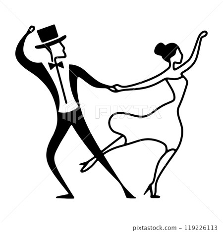 A simple line drawing of a man in a tuxedo and a woman in a dress dancing together, cut out on a transparent background 119226113