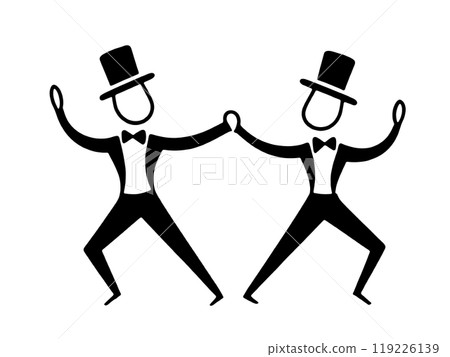 A simple line drawing of a man in a tuxedo dancing comically, cut out on a transparent background 119226139