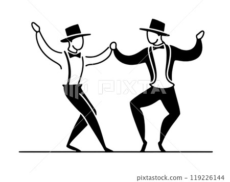 A simple line drawing of a man in a tuxedo dancing comically, cut out on a transparent background 119226144