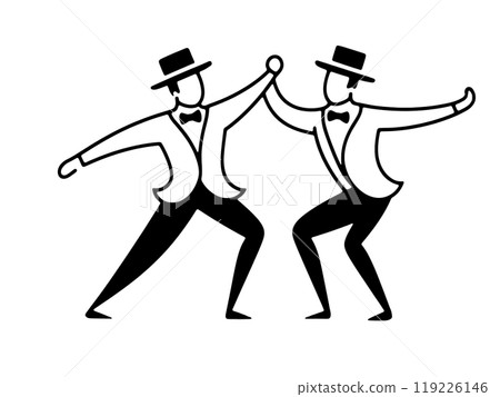 A simple line drawing of a man in a tuxedo dancing comically, cut out on a transparent background 119226146