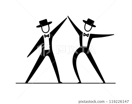 A simple line drawing of a man in a tuxedo dancing comically, cut out on a transparent background 119226147