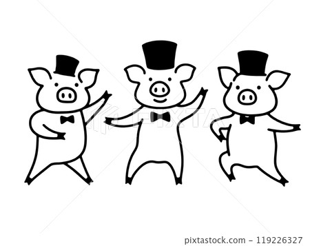 A simple line drawing of a pig character doing a comical dance, cut out on a transparent background A simple line drawing of a pig character doing a comical dance, cut out on a transparent background 119226327