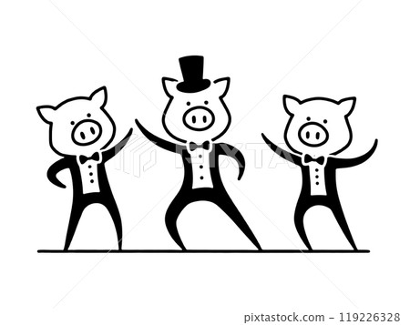 A simple line drawing of a pig character doing a comical dance, cut out on a transparent background 119226328