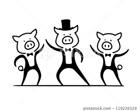 A simple line drawing of a pig character doing a comical dance, cut out on a transparent background A simple line drawing of a pig character doing a comical dance, cut out on a transparent background 119226329