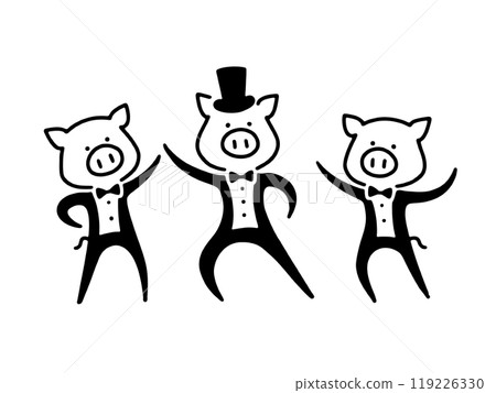 A simple line drawing of a pig character doing a comical dance, cut out on a transparent background 119226330