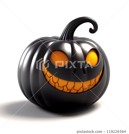 3d black pumpkin with a sly grin and curly stem, presented on a white background. Perfect for Happy Halloween and spooky decorations 119226364