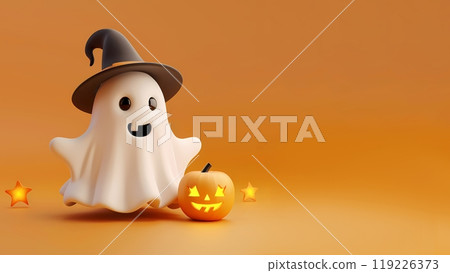 Cute very happy Ghost in a witch hat with a carved pumpkin and stars on an orange background. Digital illustration for Happy Halloween with place for text 119226373