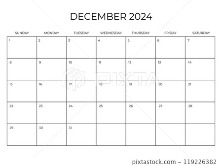 Monthly Planner December 2024. Calendar DECEMBER 2024. Week starts on SUNDAY. Blank Calendar Template A4. Vector illustration 119226382