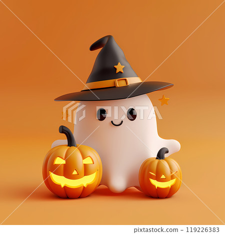 Cute happy ghost in a witch hat with two carved pumpkins on an orange background. Digital illustration on the theme of Happy Halloween 119226383