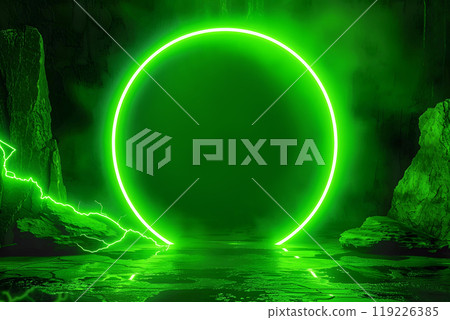 Glowing green neon circle in a dark mysterious cave with lightning effect on a rocky background. Futuristic Halloween scene concept 119226385