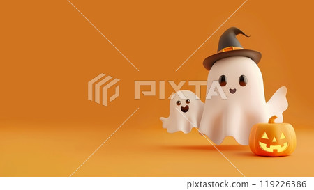 Cute ghost family scares everyone while holding a smiling carved pumpkin on an orange background. Digital banner for Happy Halloween with copy space 119226386