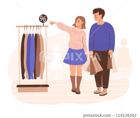 Happy shoppers man and woman in store on shopping sale. Guy with packages and cute girl choose clothes on racks. Vector illustration. Holiday shopper character. Consumerism, purchase concept. 119226562