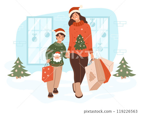 Christmas Shopping. Happy woman with son boy in Xmas sweaters in Santa hats with New year packages gifts walking along snowy street near store window. Vector illustration. Holiday shoppers, lifestyle. Christmas Shopping. Happy woman with son boy in Xmas sweaters in Santa hats with New year packages gifts walking along snowy street near store window. Vector illustration. Holiday shoppers, lifestyle. 119226563