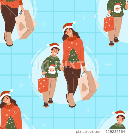 Seamless pattern Christmas Shopping. Happy mother with child boy in Xmas sweaters and Santa hats with packages gifts on blue checkered background. Vector illustration. Festive New Year shoppers. Seamless pattern Christmas Shopping. Happy mother with child boy in Xmas sweaters and Santa hats with packages gifts on blue checkered background. Vector illustration. Festive New Year shoppers. 119226564