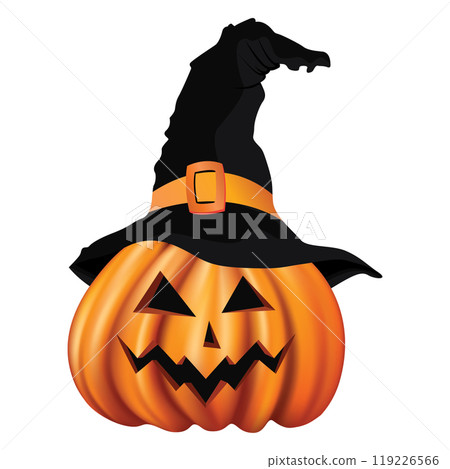 Halloween pumpkin with witch hat isolated on white background. Halloween pumpkin with witch hat isolated on white background. 119226566
