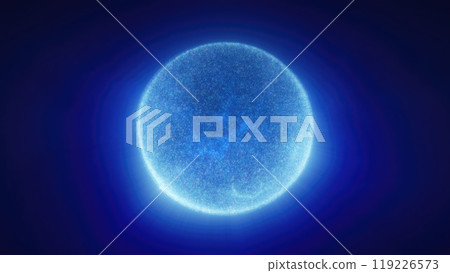 Bright blue sphere with a cosmic texture, floating against a dark background, suggesting a celestial body or energy source in deep space 119226573