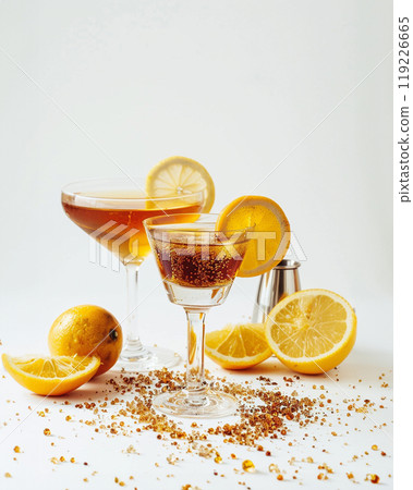 Three fruit cocktails in a summer restaurant lounge 119226665