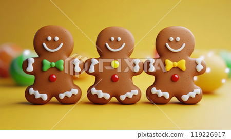 Adorable trio of gingerbread men with colorful bow ties and button accents 119226917