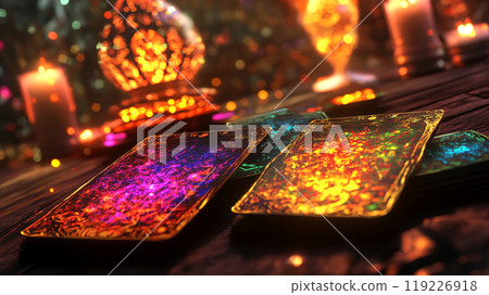 Enchanting tarot cards aglow in a warm, mystical ambiance, perfect for divination enthusiasts 119226918