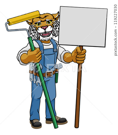 Wildcat Painter Decorator Paint Roller Mascot Man Wildcat Painter Decorator Paint Roller Mascot Man 119227030
