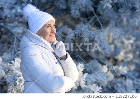 Beautiful elderly woman posing in a snowy winter park 119227106