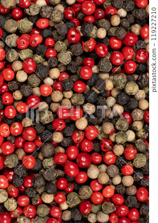Background of a mix of colorful peppercorns top view 119227210