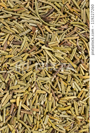 Background macro dried rosemary leaves top view, seasoning texture. Background macro dried rosemary leaves top view, seasoning texture. 119227260