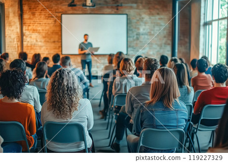 參與者在擁有現代工業裝飾的明亮開放式概念教室中專注於研討會 119227329