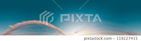 Sunset sky with bright glowing pink Cirrus clouds. Seamless spherical HDR 360 panorama. Full zenith or sky dome in 3D, sky replacement for aerial drone panoramas. Climate and weather change. 119227415