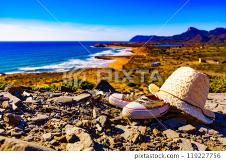 Coast landscape with summer walk equipment, Spain. Coast landscape with summer walk equipment, Spain. 119227756
