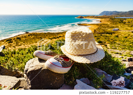 Coast landscape with summer walk equipment, Spain. Coast landscape with summer walk equipment, Spain. 119227757