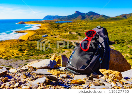 Coast landscape with summer walk equipment, Spain. 119227760
