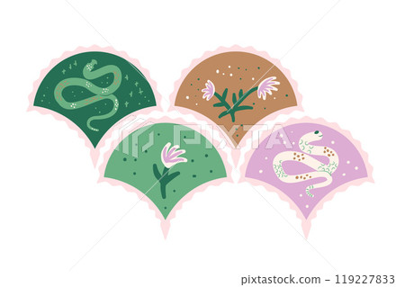 Set of scallop emblem with snakes and flowers. Reptile animal stickers. Vector hand drawn flat collection Set of scallop emblem with snakes and flowers. Reptile animal stickers. Vector hand drawn flat collection 119227833