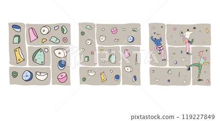 Climbing wall park posters set. Climbers training and equipment. Vector hand drawn flat illustration isolated on white background. Climbing wall park posters set. Climbers training and equipment. Vector hand drawn flat illustration isolated on white background. 119227849