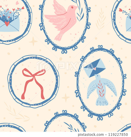 Homing pigeons seamless pattern. Carrier pigeon, bow and envelope in frames endless background. Surface retro messengers pattern design motif. Vector hand drawn illustration. 119227850