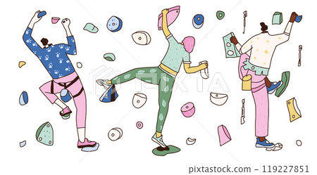 Set of rock climber. Team training on wall kit. Bouldering park. Vector hand drawn flat collection illustration isolated on white background. 119227851