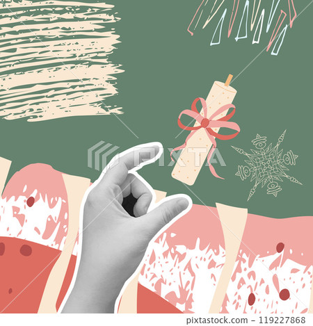 Christmas collage banner with hand catching candle. Winter festive card with scribble lines. Vector hand drawn flat illustration. 119227868