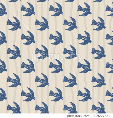 Dove seamless pattern. Flying pigeon folk repeat background. Surface pattern design birds motif. Vector hand drawn illustration. 119227869
