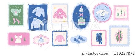 Winter holidays cozy emblems with frame. Sweaters, scarfs and baubles. Stickers with Christmas decoration. Vector hand drawn collection Winter holidays cozy emblems with frame. Sweaters, scarfs and baubles. Stickers with Christmas decoration. Vector hand drawn collection 119227872