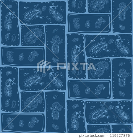 Paisley dark blue line seamless pattern. Patchwork monochrome endless background. Surface pattern design classic motif. Vector hand drawn outline illustration. 119227876
