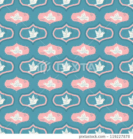 Dove of peace oggi seamless pattern. Flying pigeon holding an tree branch folk style endless background. Vector hand drawn repeat cover illustration. 119227878