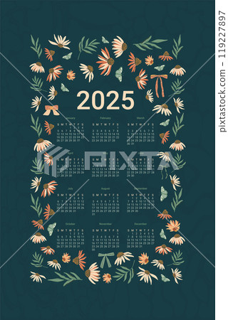 2025 Calendar with daisy flowers. Vertical banner planer template. Vector flat illustration 119227897