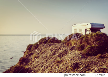 Camper on cliff, coast in Spain 119227904