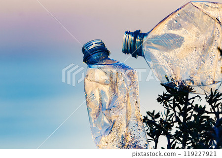 Plastic water bottle abandoned on seashore 119227921