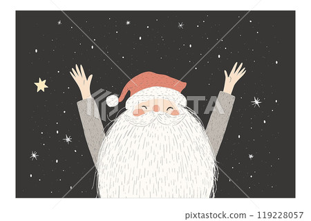 Joyful Santa Claus under starry night sky raising arms in celebration Joyful Santa Claus under starry night sky raising arms in celebration 119228057