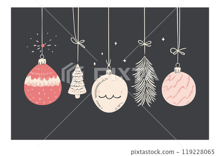 Elegant Christmas ornaments hanging on a festive string background Elegant Christmas ornaments hanging on a festive string background 119228065